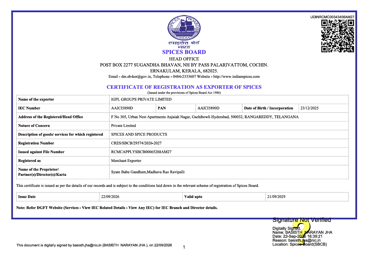 CERTIFICATE OF REGISTRATION EXPORTER OF SPICES